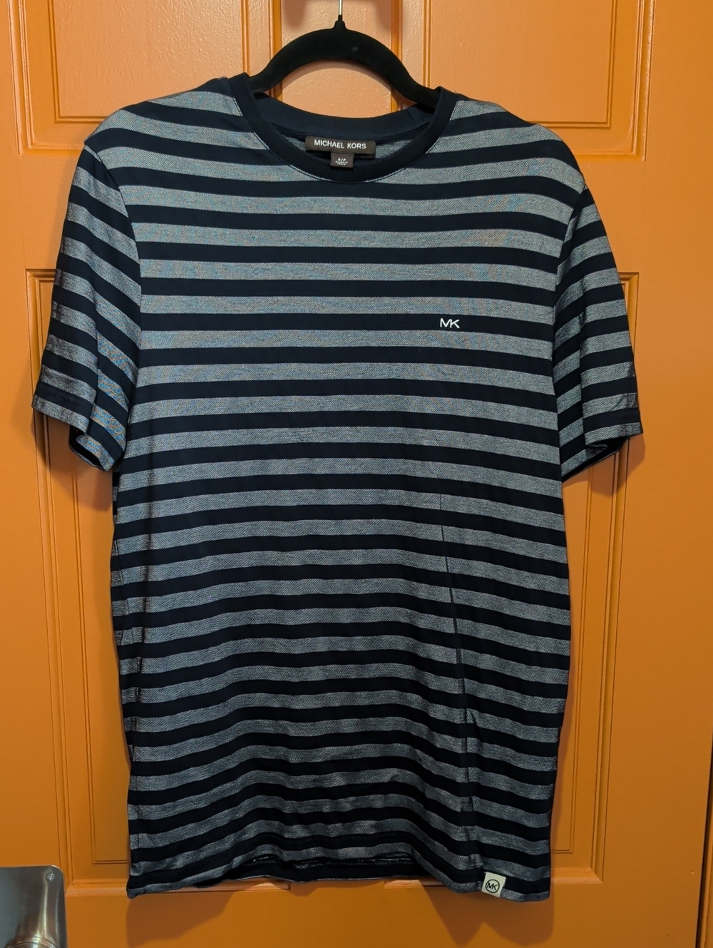 Michael Kors Navy and Light Blue Striped Short Sleeve Crew Tee